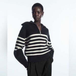 COS Navy White 1/4 Half Zip Chunky Knit Stripe Sweater Boxy Fit Cotton